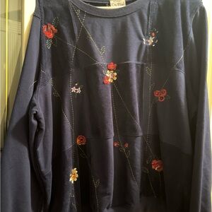 Koret City Blues Navy Top with Floral Embroidery Vintage Oversized